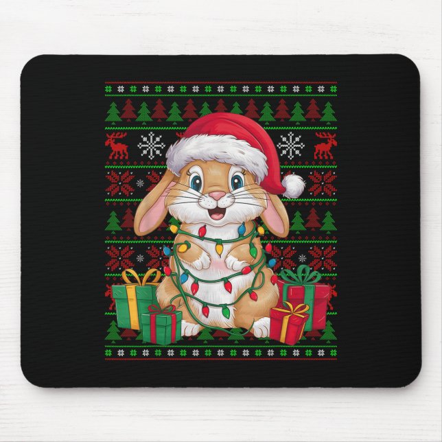 Mousepad Rabbit Bunny Xmas Lights Ugly Santa Hat Bunny Chri (Frente)