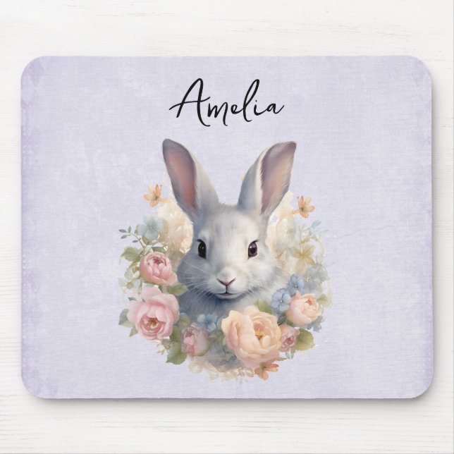 Mousepad Rabbit Surrounded by Pastel Flowers Cute (Frente)