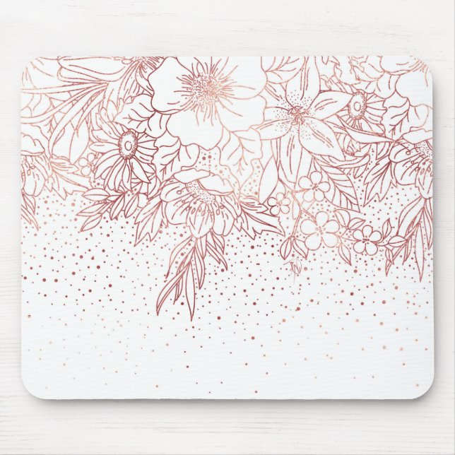 Mousepad rabiscos florais desenhados em rosa dourado e conf (Frente)