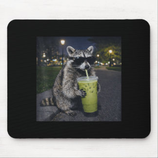 Mousepad Raccoon drinking iced matcha latte funny animal