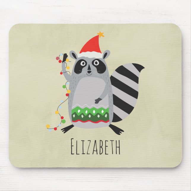 Mousepad Raccoon Em Santa Hat Entrou Em Luzes De Xmas (Frente)