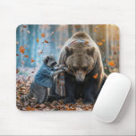 Mousepad Raccoon Tying a Scarf On a Bear<br><div class="desc">A raccoon is tying a warm knit scarf around the neck of a grizzly bear in the autumn woods</div>