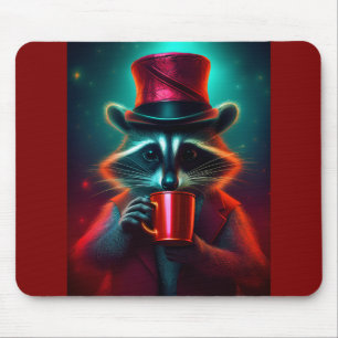 Mousepad Raccoon Vestido Em Um Café De Bebendo Vermelho