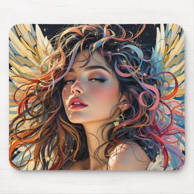 Mousepad Radiação Celestial - Retrato Anjo Asas Arco-Íris (Frente)