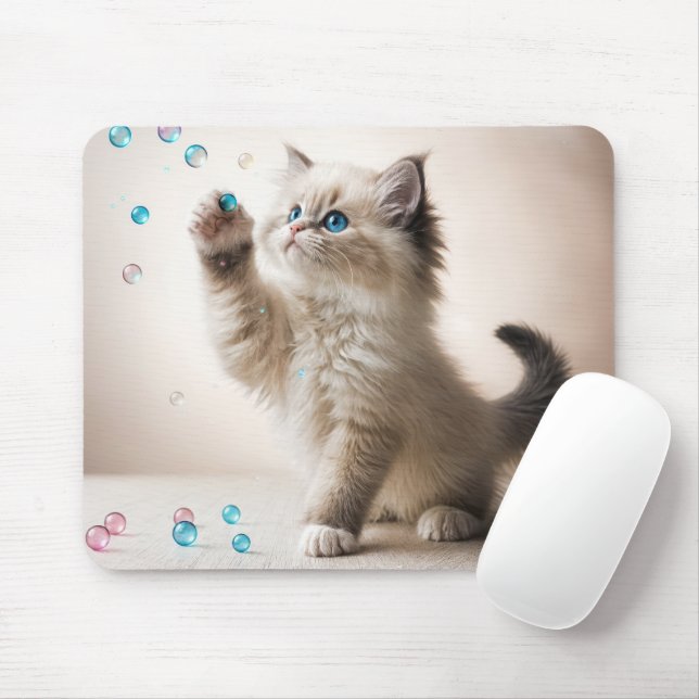 Mousepad Ragdoll Kitten Brincando Com Bolhas (Com mouse)