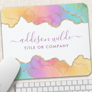 Mousepad Rainbow Dourado Watercolor Agate Salon Business