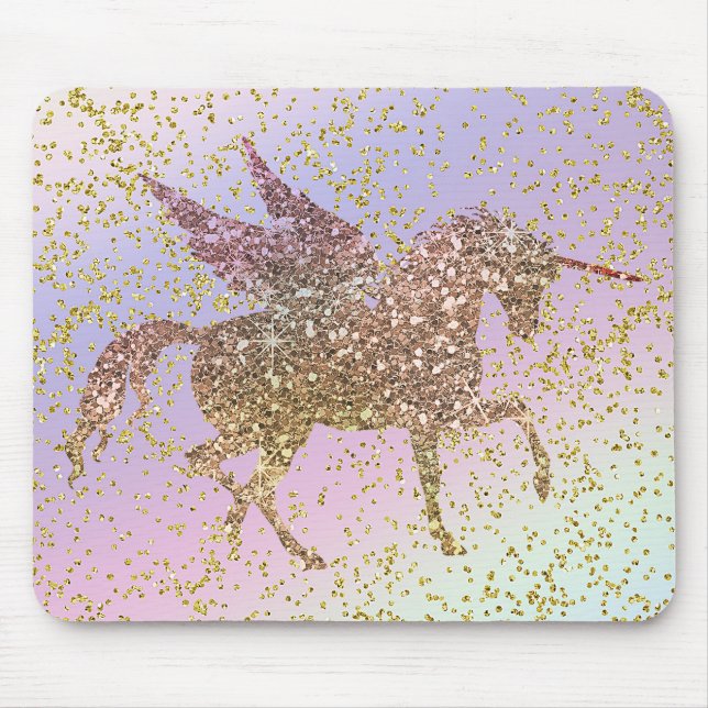 Mousepad Rainbow Pastel Dourado Glitter Unicorn Trendy Girl (Frente)