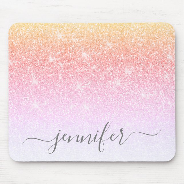 Mousepad Rainbow Unicorn Pink Glitter Sparkle Seu Nome (Frente)