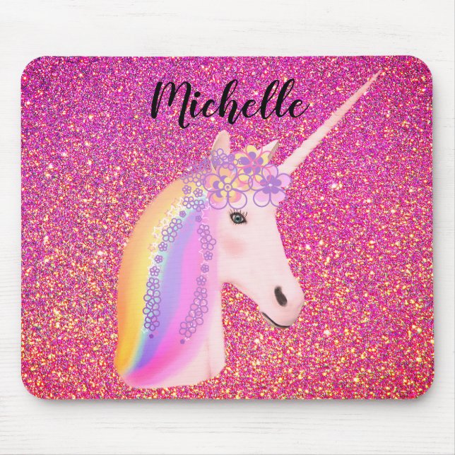 Mousepad Rainbow Unicorn Pink Glitter Sparkles Personalizad (Frente)