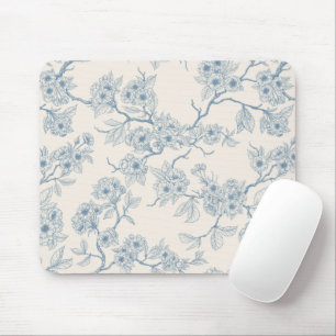 Mousepad Ramos de flor de cerejeira em azul e branco esmaec
