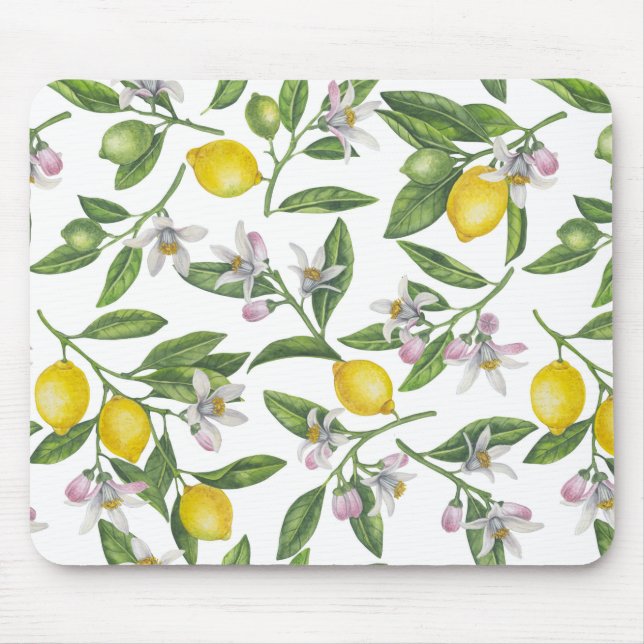 Mousepad Ramos de limão com flores e fruta em branco (Frente)