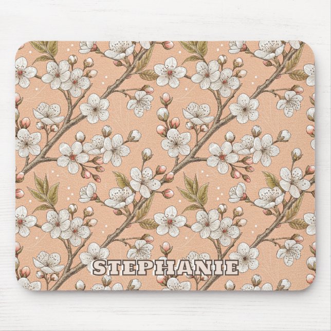 Mousepad Ramos de Sakura em Pêssego Botânico Floral Branco (Frente)