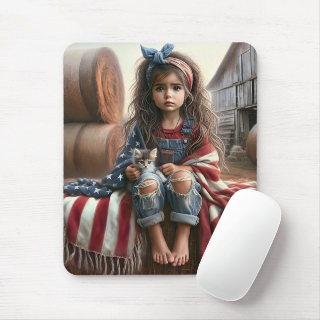 Mousepad Rapariga Com Bandeira Americana E Kitten (Com mouse)