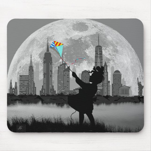Mousepad Rapariga de Lua Cheia de NOVA IORQUE com pipa azul (Frente)