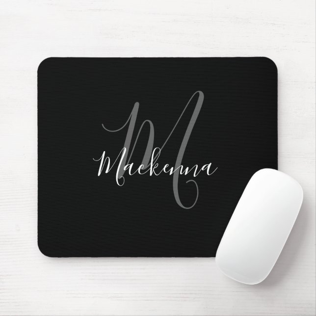 Mousepad Rapariga do Monograma Branco Negro Elegante Modern (Com mouse)