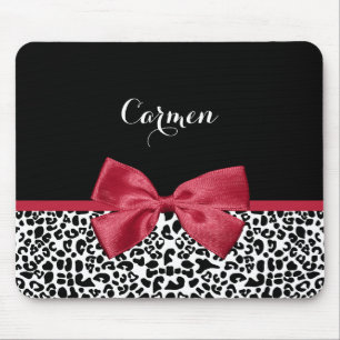 Mousepad Rapariga Leopardo Imprime Fita Vermelha Brilhante