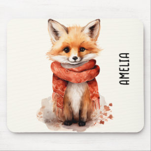 Mousepad Rapariga Raposa Fofa com um Cachecol Vermelho