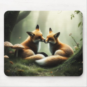 Mousepad Raposa Abraço na Floresta Nebulosa