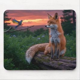 Mousepad Raposa e Pássaro no Sunset na Cena da Floresta