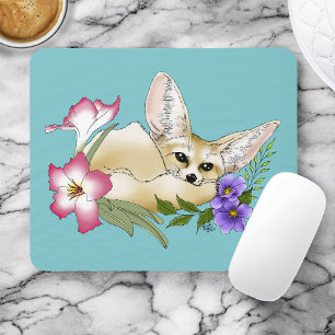 Mousepad Raposa Fennec Flores Rosa Roxo Fofo Botânico Azul