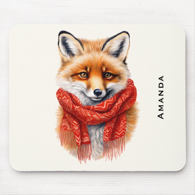 Mousepad Raposa Fofa com um Lenço Vermelho Imagem de Outono (Frente)