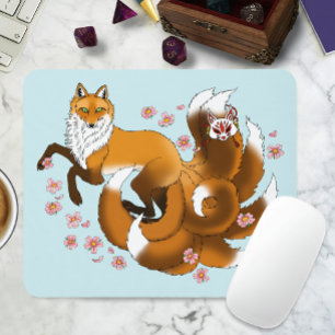 Mousepad Raposa Kitsune Caprichosa Flores de Cerejeira Azul