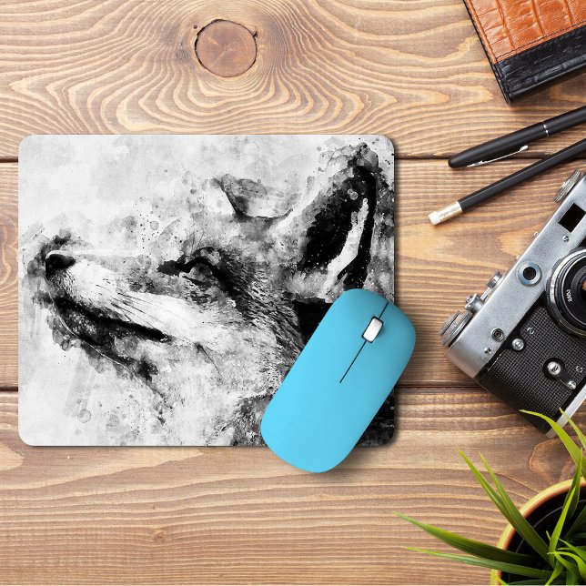 Mousepad Raposa Vermelha Preto e Branco Aquarela 01 (Red Fox Black and White Watercolor 01. Mouse Pad)