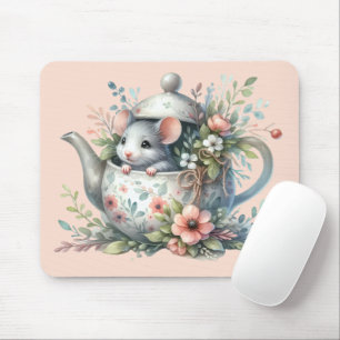 Mousepad Rato Bonito na Ilustração Floral do Bule de chá