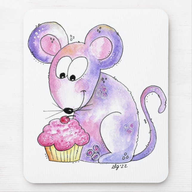 Mousepad Rato branco bonito com Cupcake (Frente)