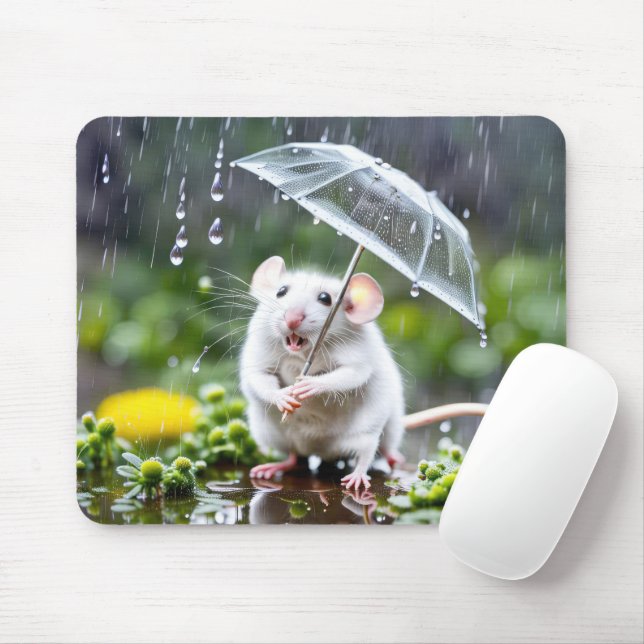 Mousepad Rato branco sob guarda-chuva (Com mouse)