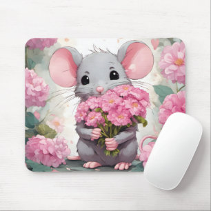 Mousepad Rato com Buquê de Flor Rosa