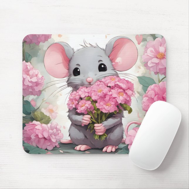 Mousepad Rato com Buquê de Flor Rosa (Com mouse)