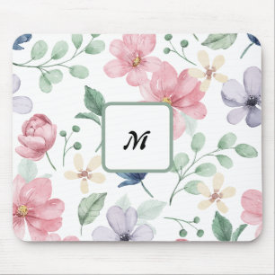 Mousepad Rato com Monograma de Flores Rosa de Cor Watercolo