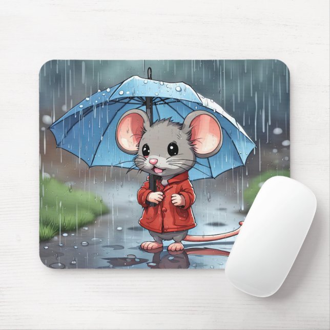 Mousepad Rato de cinza com guarda-chuva em chuva (Com mouse)