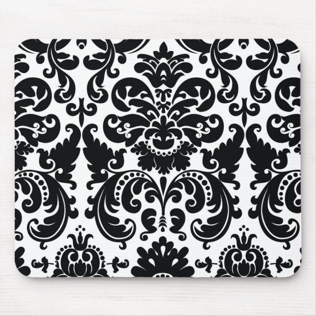 Mousepad Rato de Computador Elegante Preto e Branco Damask (Frente)
