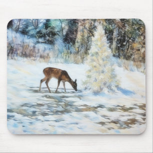 Mousepad Rato de veado pela neve cobrindo a árvore de Natal