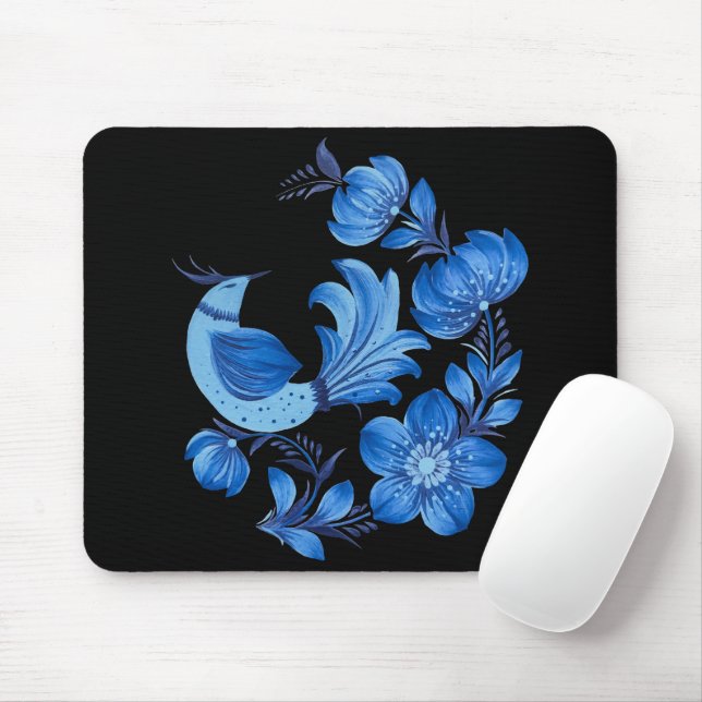 Mousepad Rato de Vidro Azul e Floral em Preto (Com mouse)