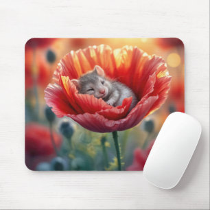 Mousepad Rato Dormindo em uma Flor Vermelha