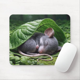 Mousepad Rato Dormindo numa Folha Verde