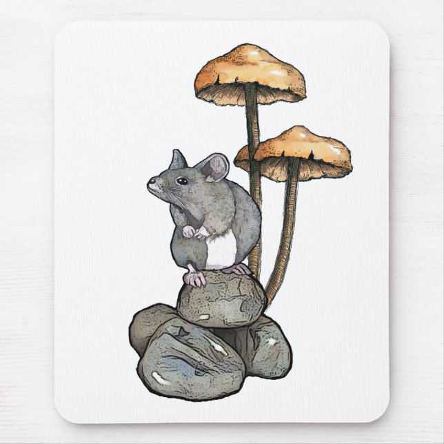 Mousepad Rato Fofo em Pé sobre Rochas, com Cogumelos (Frente)
