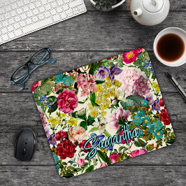 Mousepad Rato monograma do padrão bege floral cor-de-rosa-v