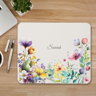 Mousepad Rato Personalizado com Flor Silvestre em Aquarela