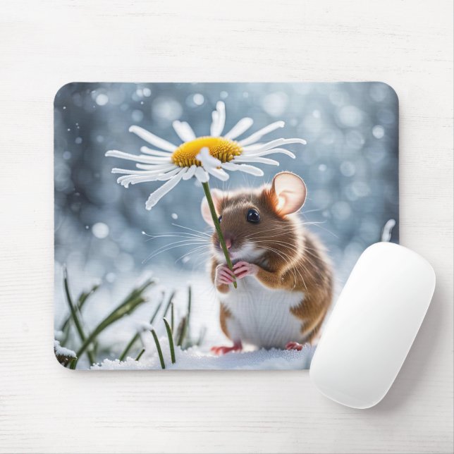 Mousepad Rato sob uma margarida branca na neve (Com mouse)