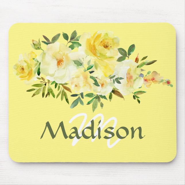 Mousepad Ratos de Mouse com Rosas Amarelas Monograma Estilo (Frente)