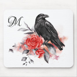 Mousepad Raven Elegant Monograma Gótico Rosa Aquarela Arte