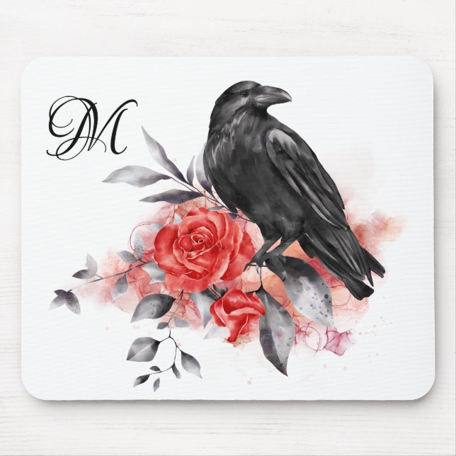 Mousepad Raven Elegant Monograma Gótico Rosa Aquarela Arte (Frente)