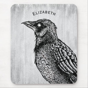 Mousepad Raven Gótica Black White Creepy Bird Nome de Desen