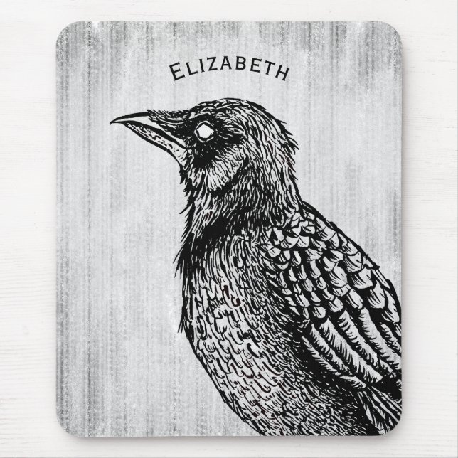 Mousepad Raven Gótica Black White Creepy Bird Nome de Desen (Frente)