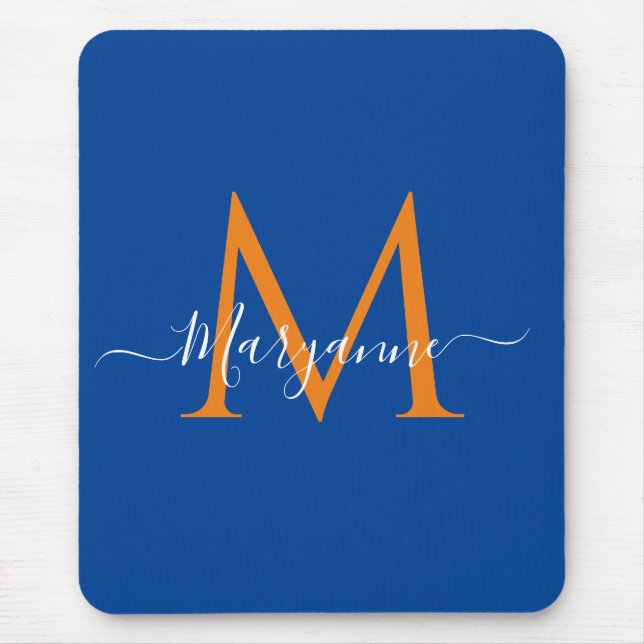 Mousepad Receitas Azuis do Monograma Personalizado Laranja  (Frente)