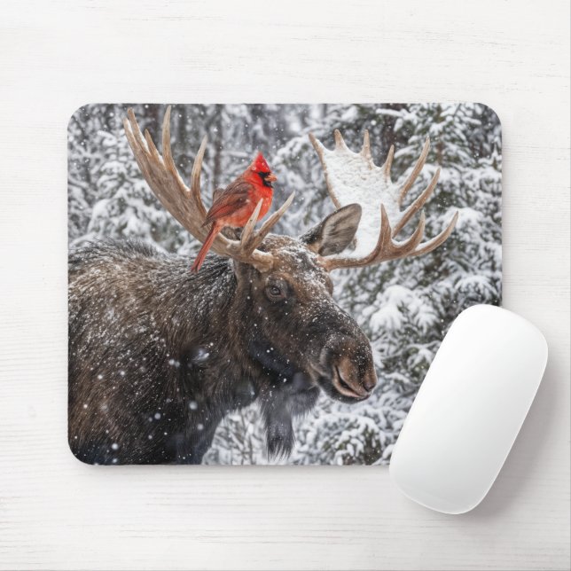 Mousepad Red Cardinal On Snowy Moose Antlers (Com mouse)